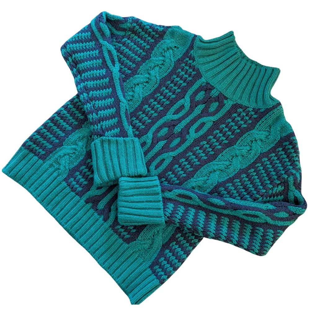 Talbots Mixed-Stitch Cable Knit Turtleneck Sweater Green Navy XS NWT